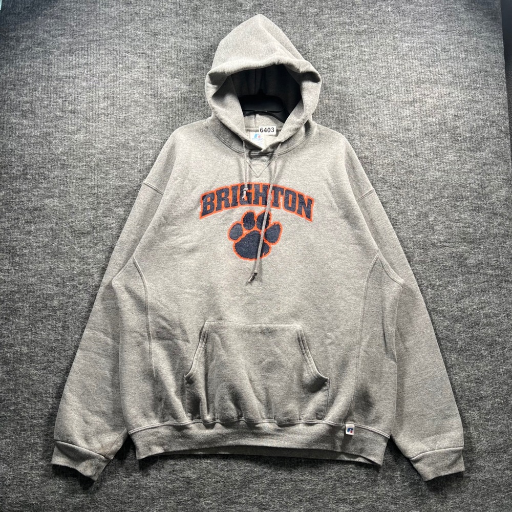 Russell Athletic Brighton Hoodie Mens XL Gray Orange Paw Print Pullover